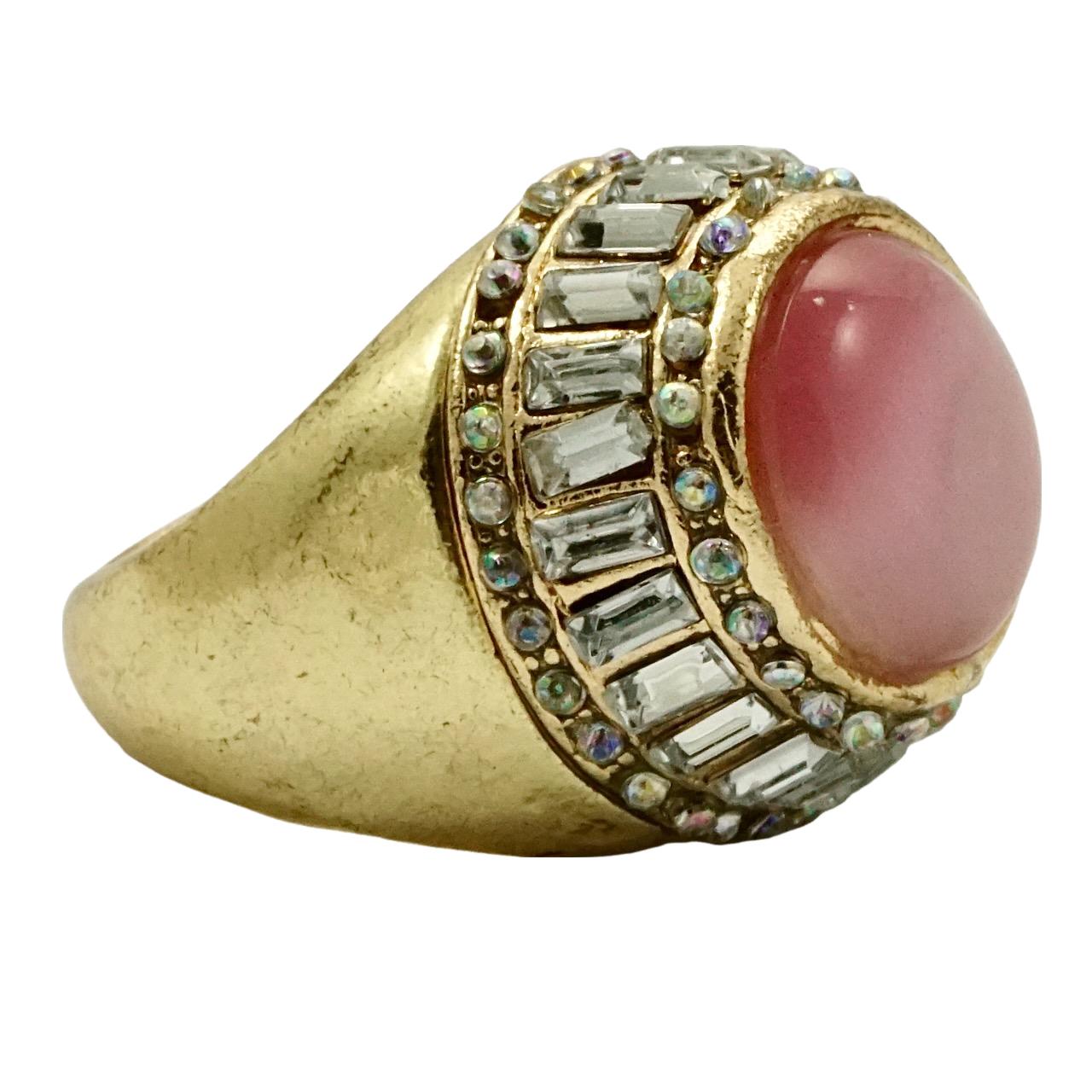 Women's or Men's Gold Plated Pink Moonglow and Crystals Cocktail Ring For Sale