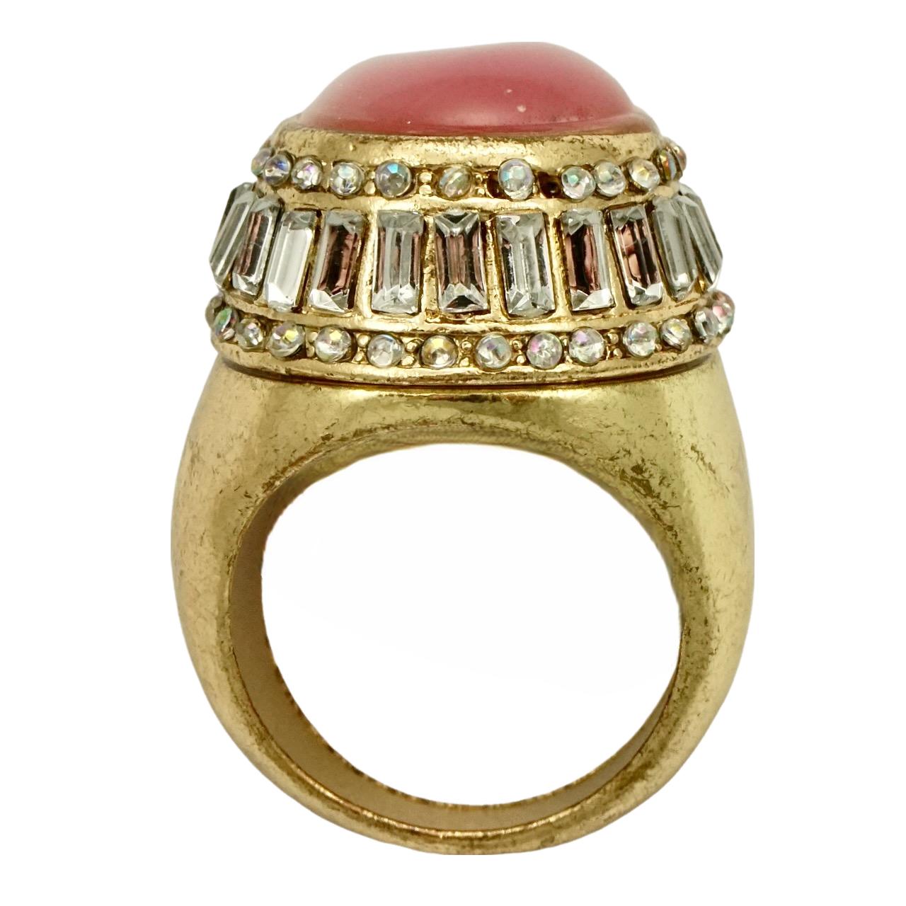 Gold Plated Pink Moonglow and Crystals Cocktail Ring For Sale 2