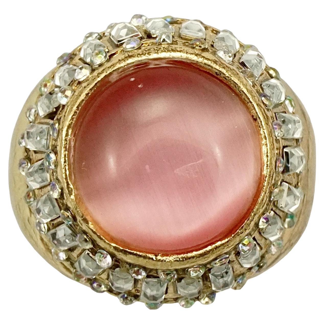 Gold Plated Pink Moonglow and Crystals Cocktail Ring For Sale