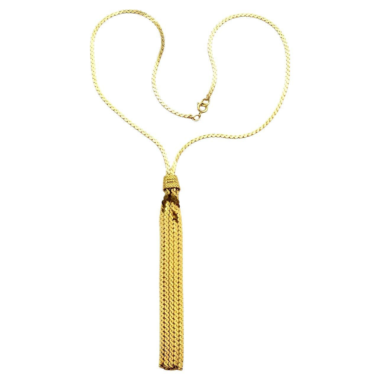 Gold Plated Plaited Serpentine Chain Tassel Necklace circa 1980s For Sale