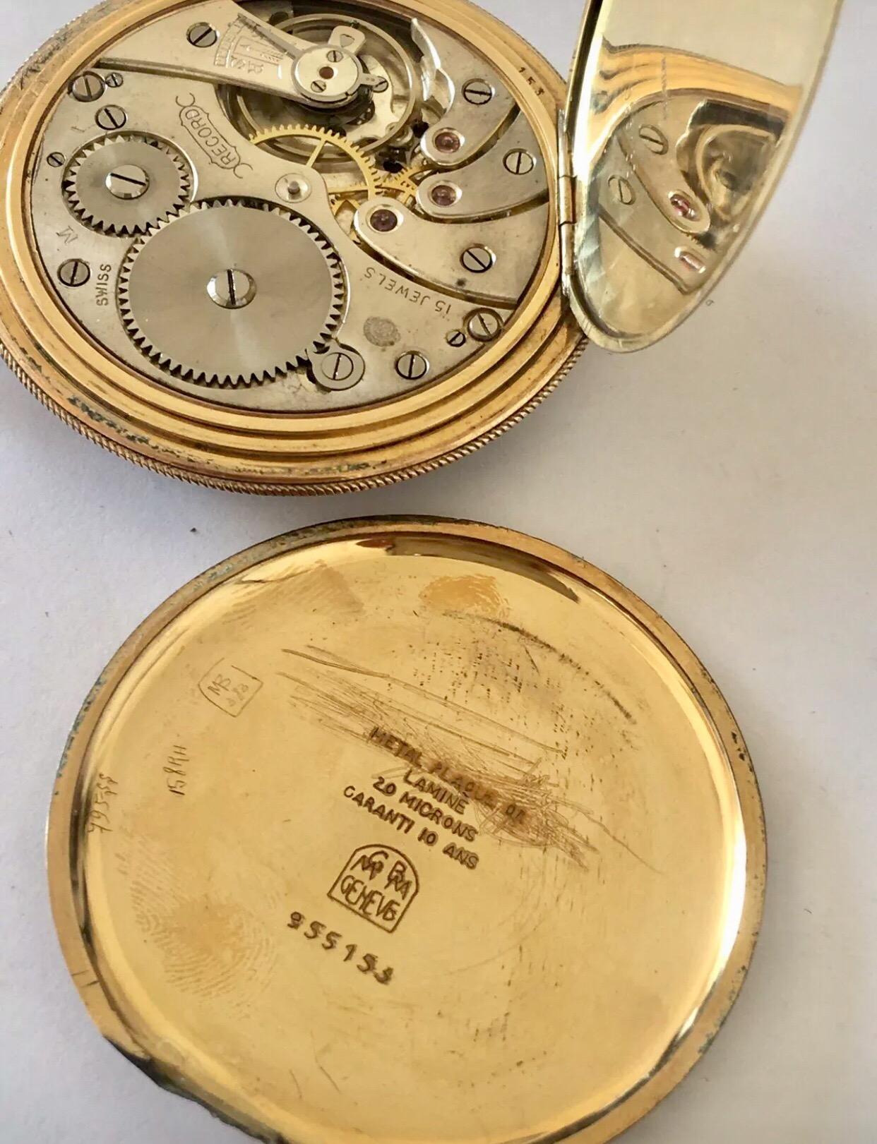 Gold-Plated Record Watch Co. Geneve Antique Pocket Watch In Fair Condition For Sale In Carlisle, GB