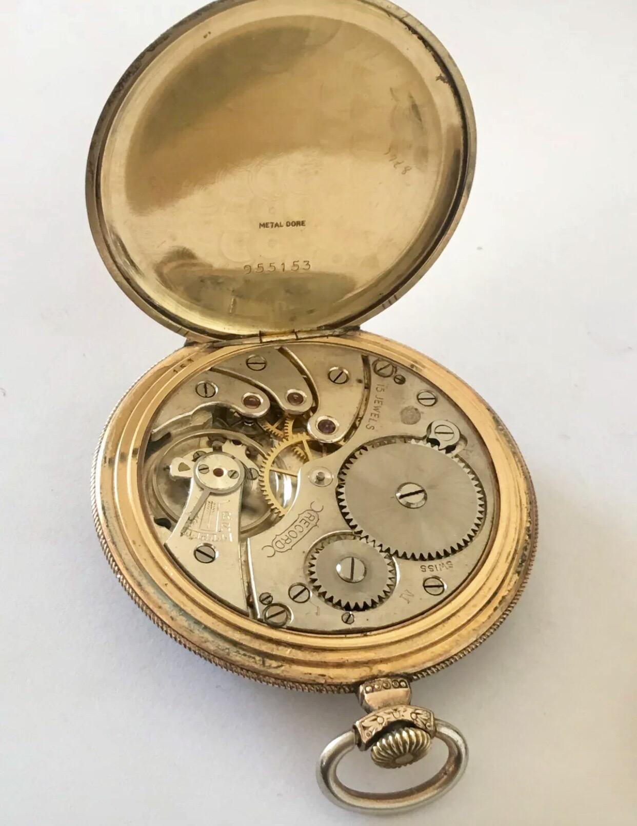 Women's or Men's Gold-Plated Record Watch Co. Geneve Antique Pocket Watch For Sale