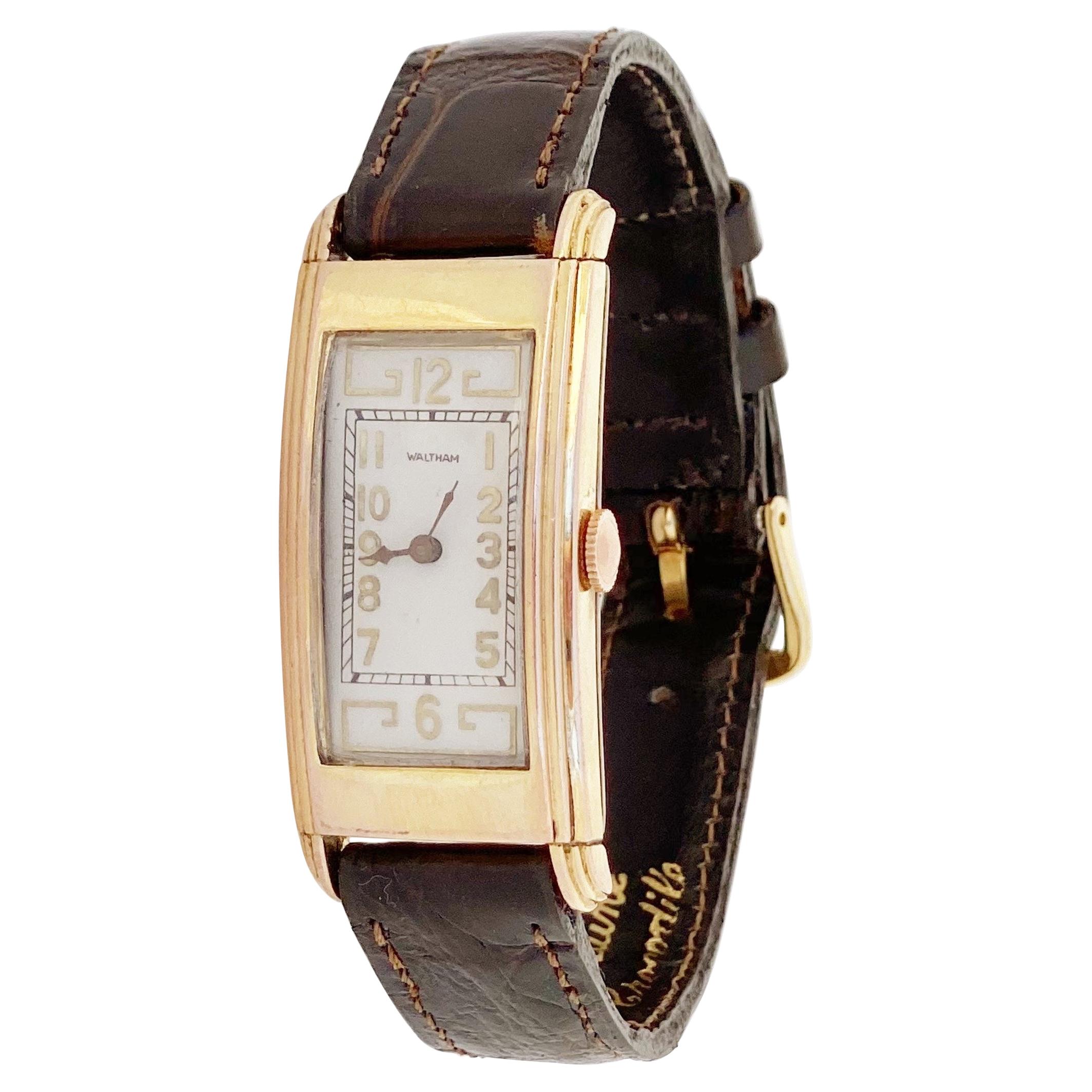 Gold Plated Rectangular Art Deco Style Watch w Crocodile Strap by Waltham, 1940s
