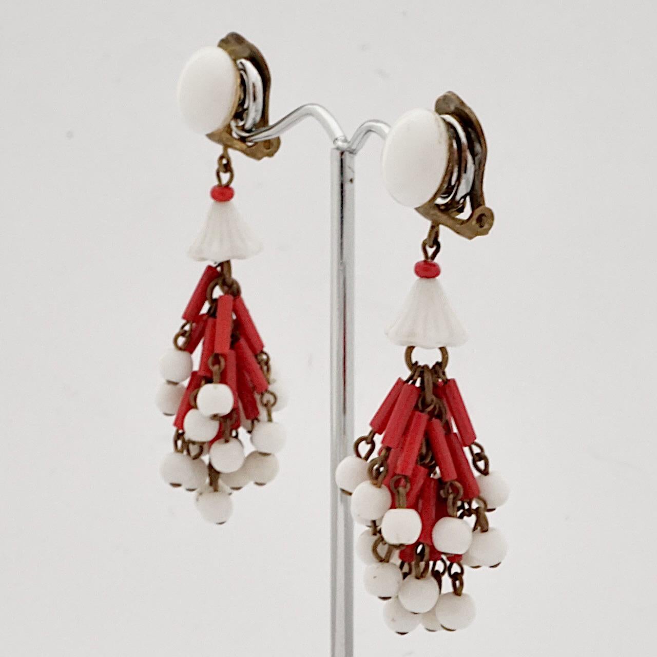 Gold Plated Red and Milk Glass Drop Clip On Earrings circa 1940s In Good Condition For Sale In London, GB