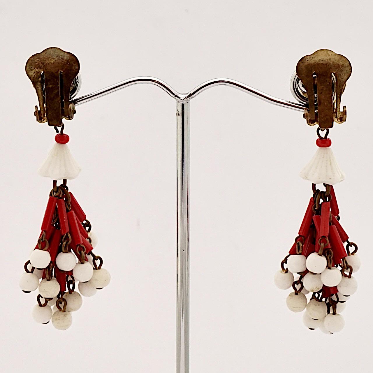 Women's or Men's Gold Plated Red and Milk Glass Drop Clip On Earrings circa 1940s For Sale
