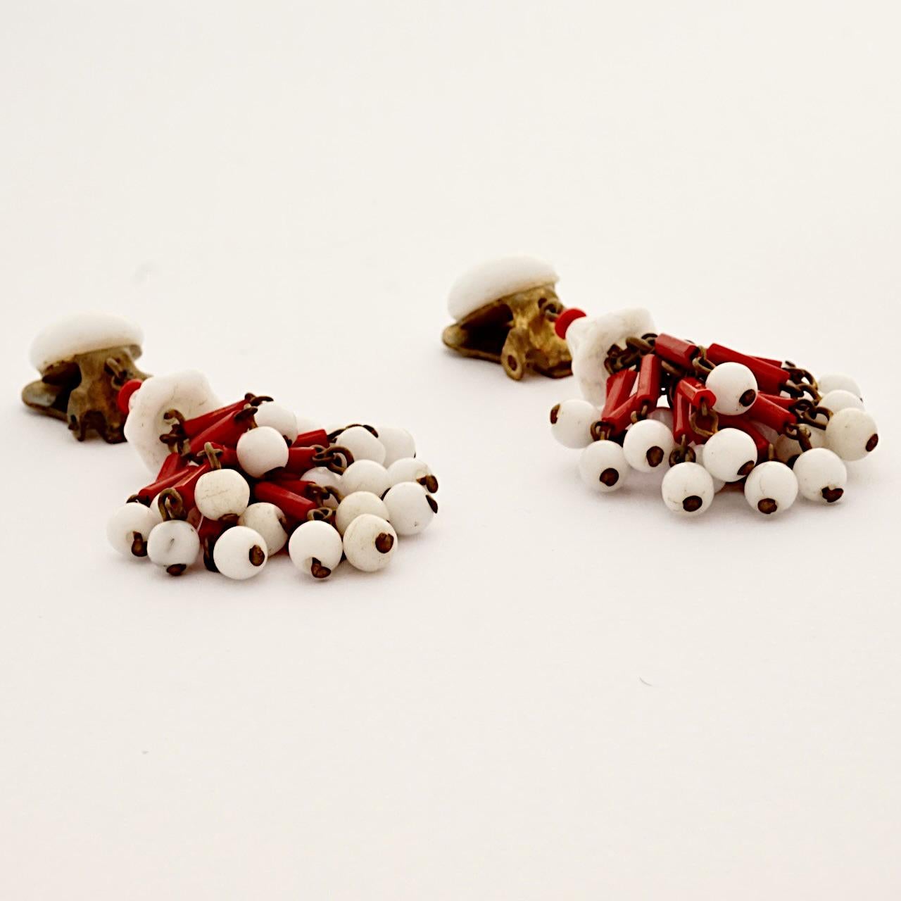 Gold Plated Red and Milk Glass Drop Clip On Earrings circa 1940s For Sale 1