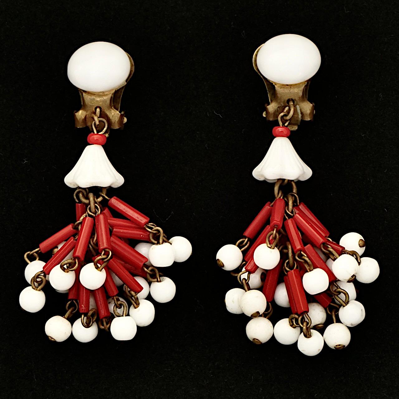 Gold Plated Red and Milk Glass Drop Clip On Earrings circa 1940s For Sale 2