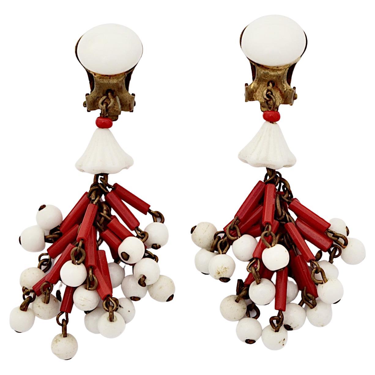 Gold Plated Red and Milk Glass Drop Clip On Earrings circa 1940s For Sale