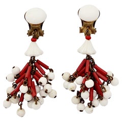 Gold Plated Red and Milk Glass Drop Clip On Earrings circa 1940s