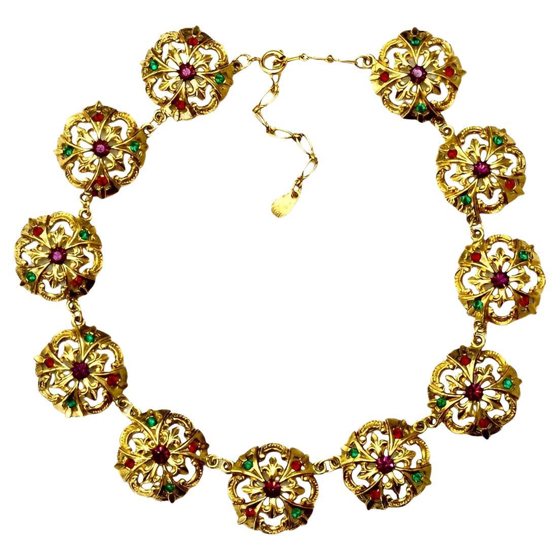 Collier de style Renaissance plaqué or avec bijoux en verre, circa 1980