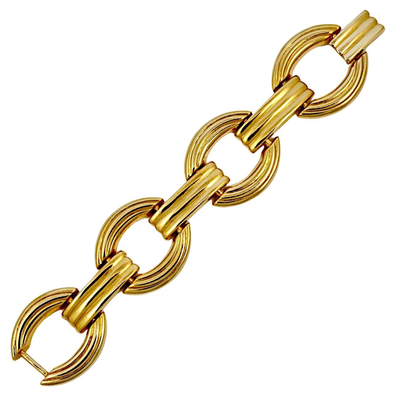 Gold Plated Ridged Link Statement Bracelet 1980s For Sale