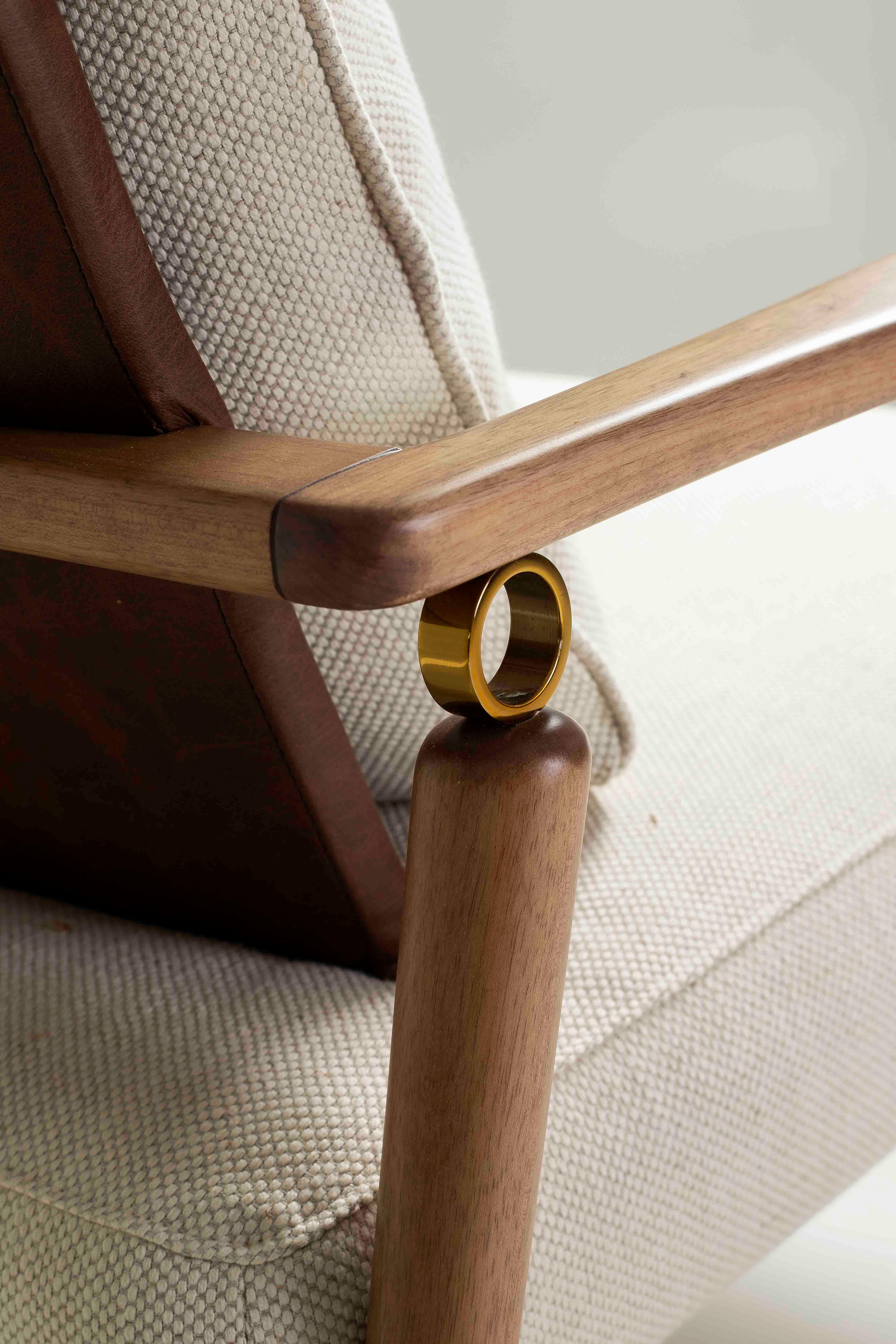 Contemporary Gold Plated Rings, Leather, Upholstered, Solid Wood, Morena Armchair For Sale