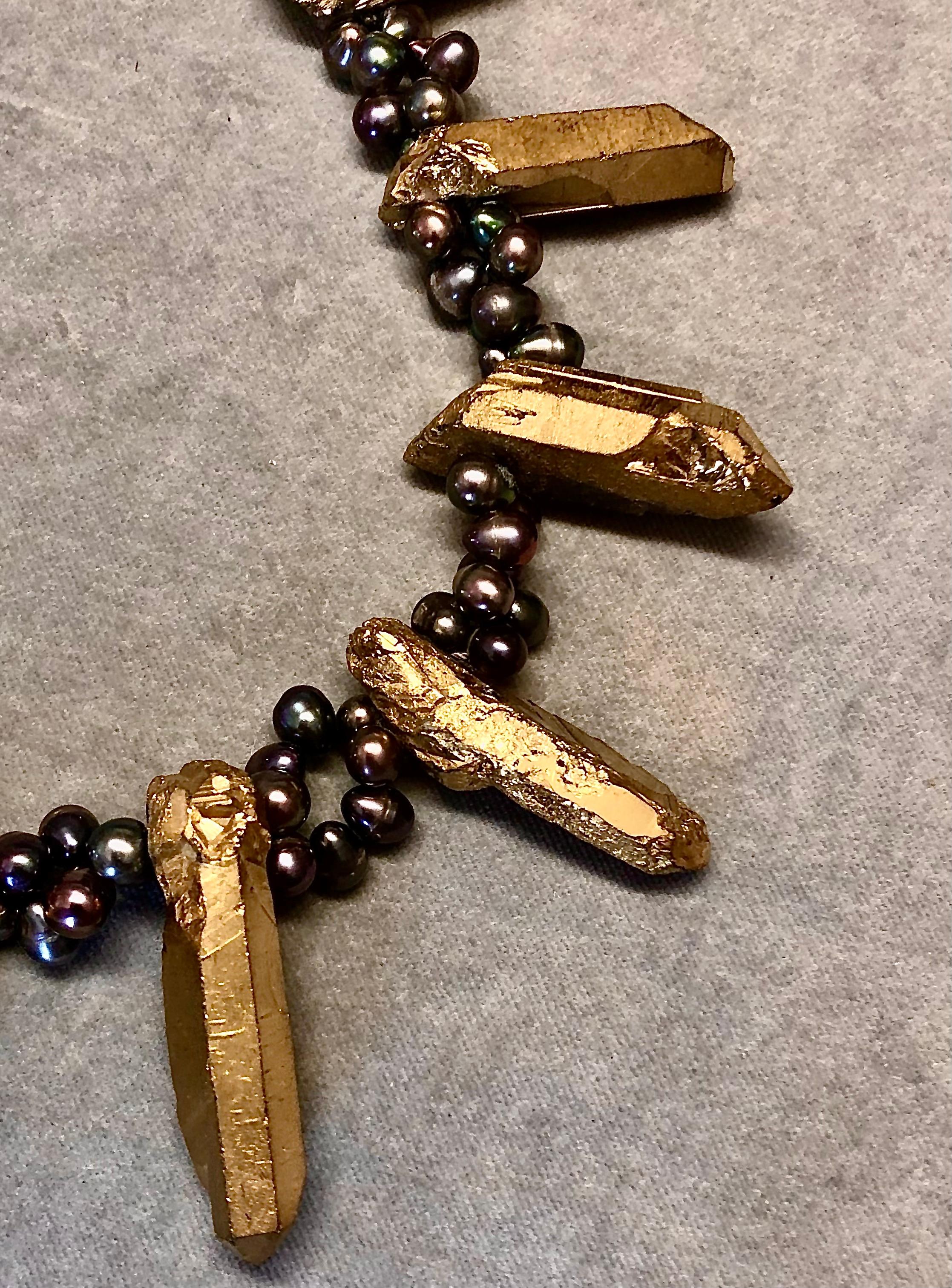 Gold plated rock crystal, black freshwater pearls necklace, sterling silver tog In New Condition For Sale In New Orleans, LA