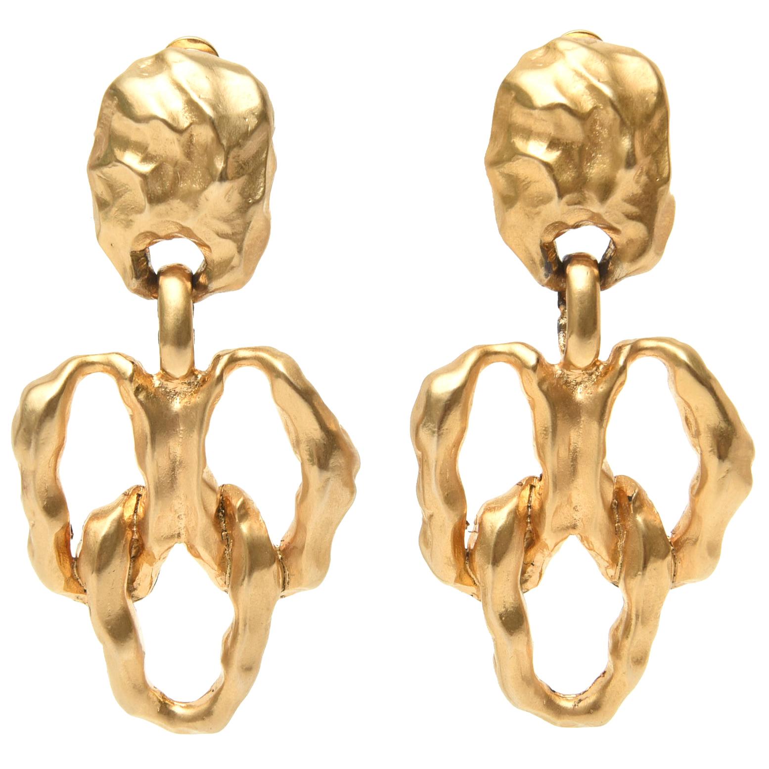 Gold Plated Sculptural Clip On Dangle Earrings