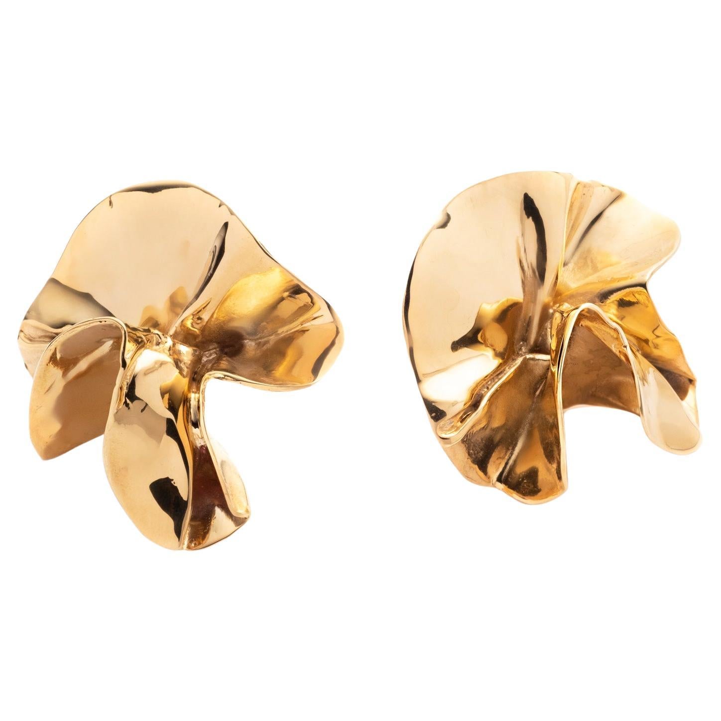 Gold Plated Sculptural Flower Statement Stud Earrings For Sale