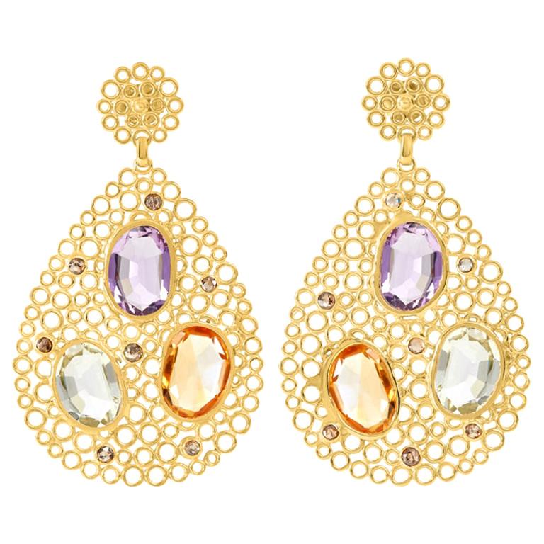 Gold-Plated Silver Amethyst, Blue Topaz, Citrine and Cinnamon Diamond Earrings For Sale