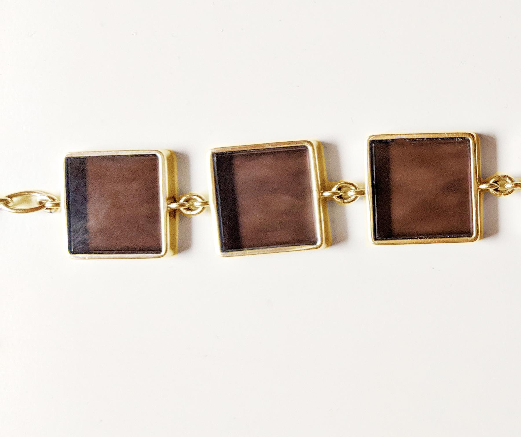 Gold Plated Silver Art Deco Style Link Bracelet by the Artist Dark Smoky Quartz 6
