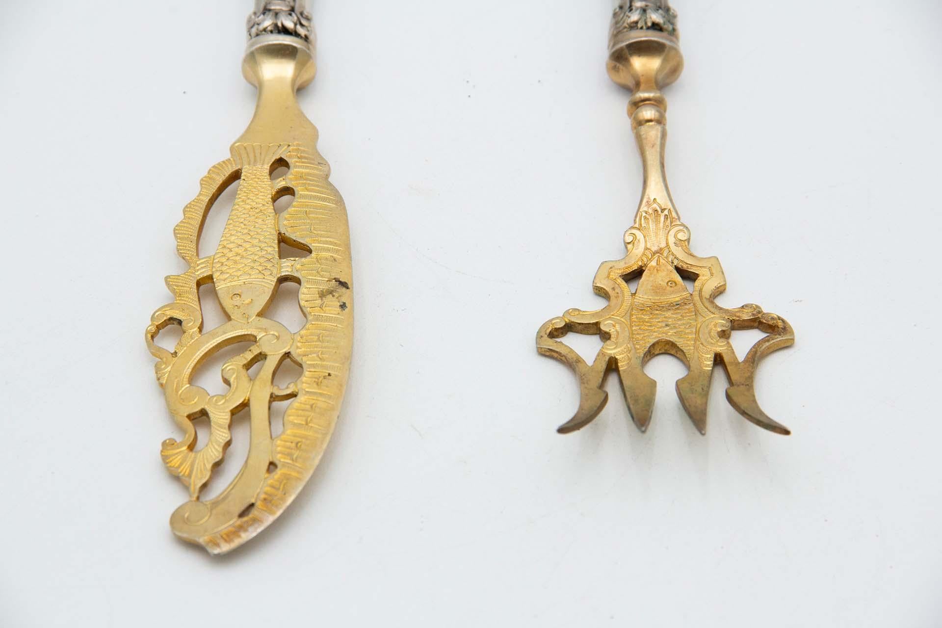 Europeo Gold plated silver fish knife and fork set in vendita