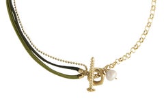Gold Plated Silver Necklace with Green Ribbons and Hanging Freshwater Pearl