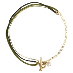 Gold Plated Silver Necklace with Green Ribbons and Hanging Freshwater Pearl