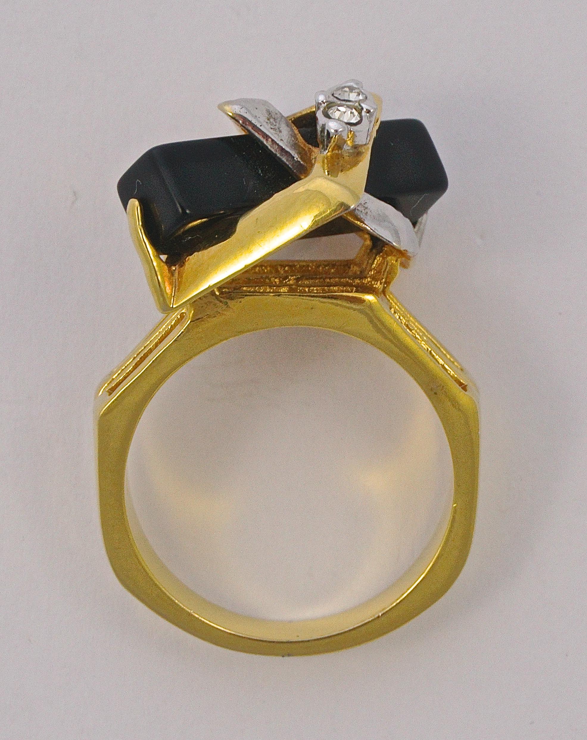 Gold Plated Silver Plated Ring with Black Cuboid and Clear Rhinestone Decoration In Good Condition In London, GB