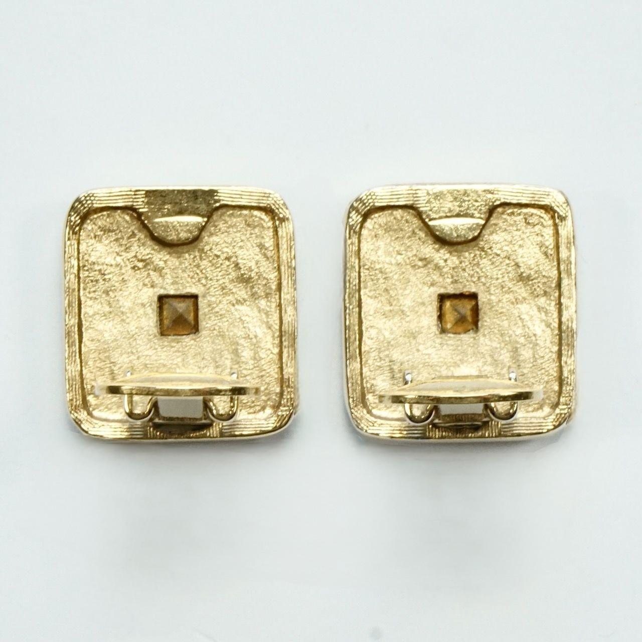 Gold Plated Square Clip On Earrings with a Square and Round Faceted Rhinestones In Good Condition In London, GB