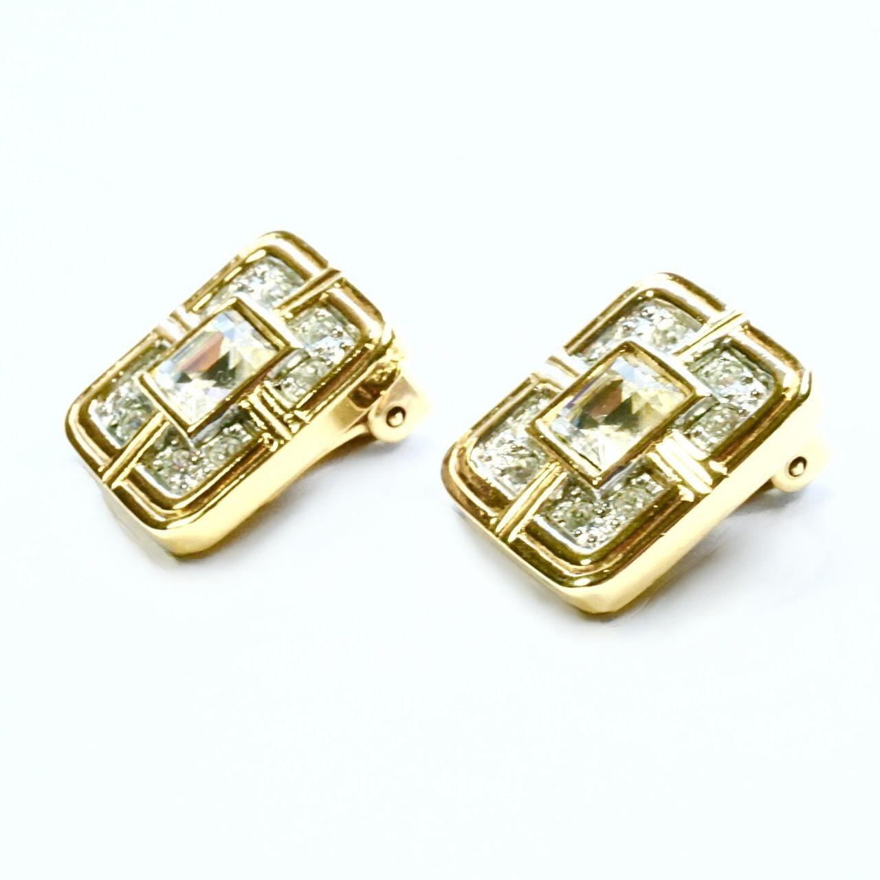 Women's or Men's Gold Plated Square Clip On Earrings with a Square and Round Faceted Rhinestones