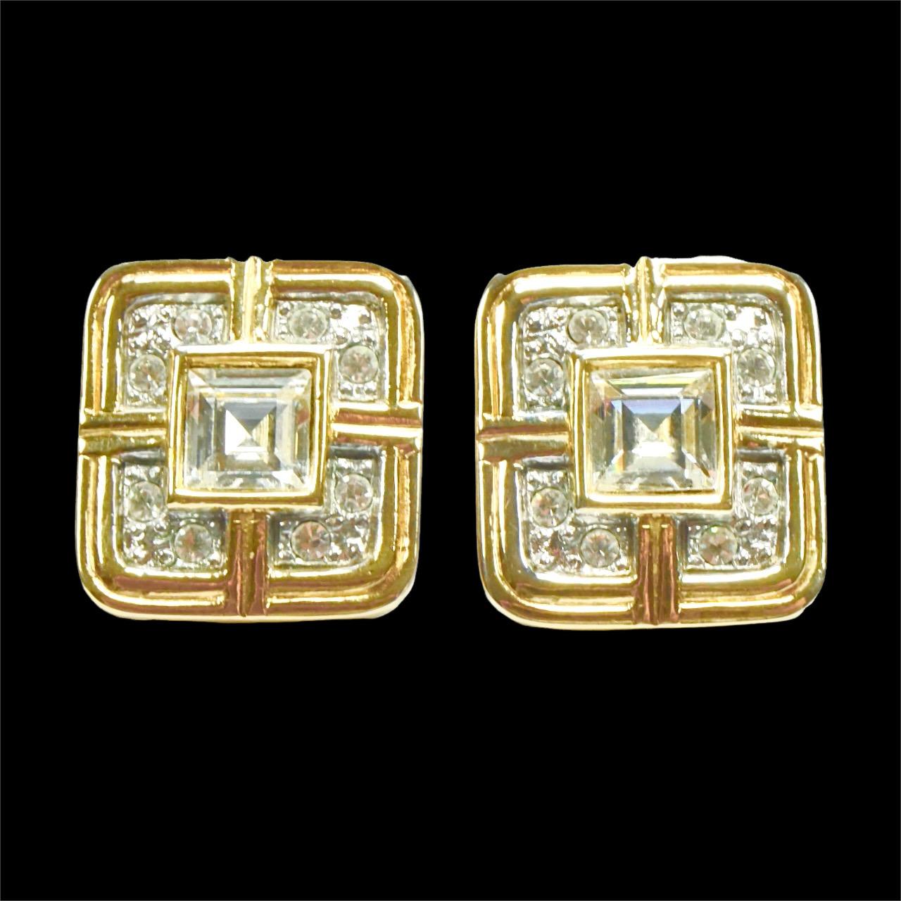 Gold Plated Square Clip On Earrings with a Square and Round Faceted Rhinestones 2