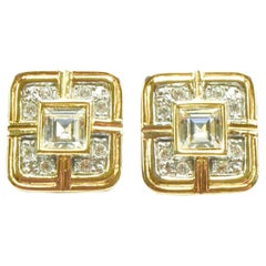 Gold Plated Square Clip On Earrings with a Square and Round Faceted Rhinestones