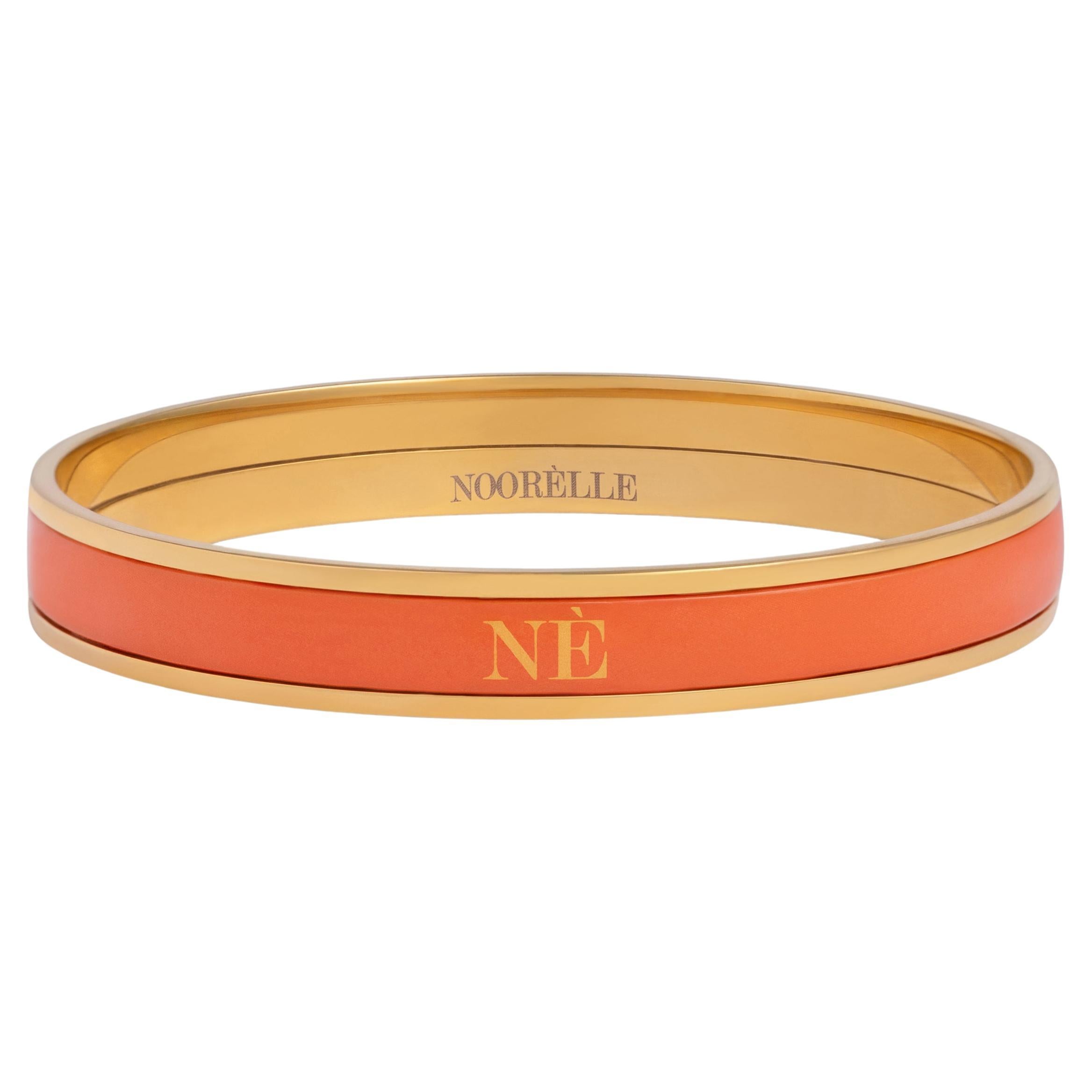 Gold Plated Stainless Steel Bangle, Orange Hand Painted Fire Enamel w. Monogram
