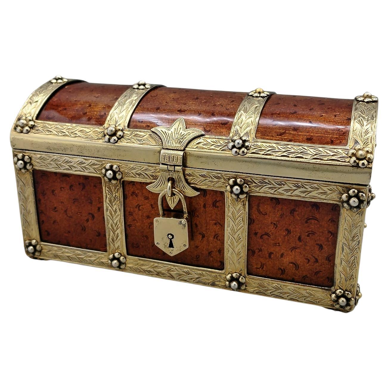 Gold plated sterling silver and enamel trunk shaped jewelry box