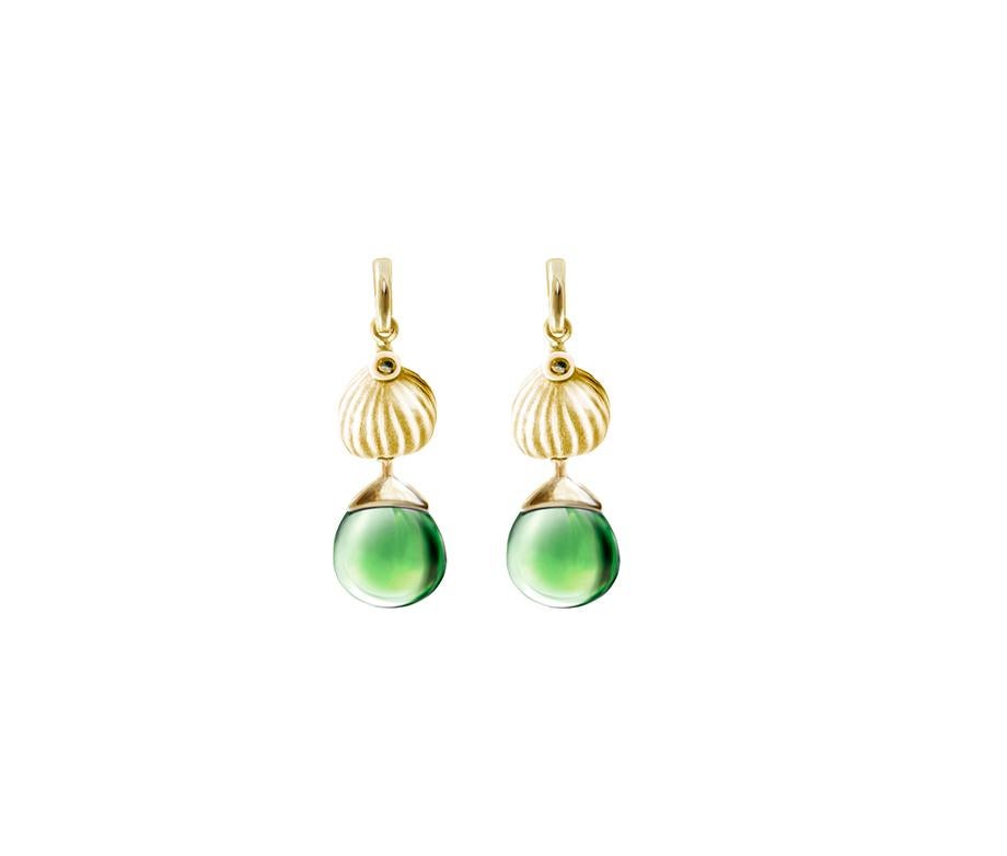 Gold Plated Sterling Silver Contemporary Fig Earrings with Green Amber For Sale 4