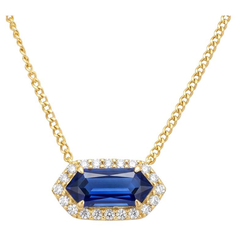 Gold Plated Sterling Silver Lab Grown Blue Sapphire Pendant Necklace For Sale