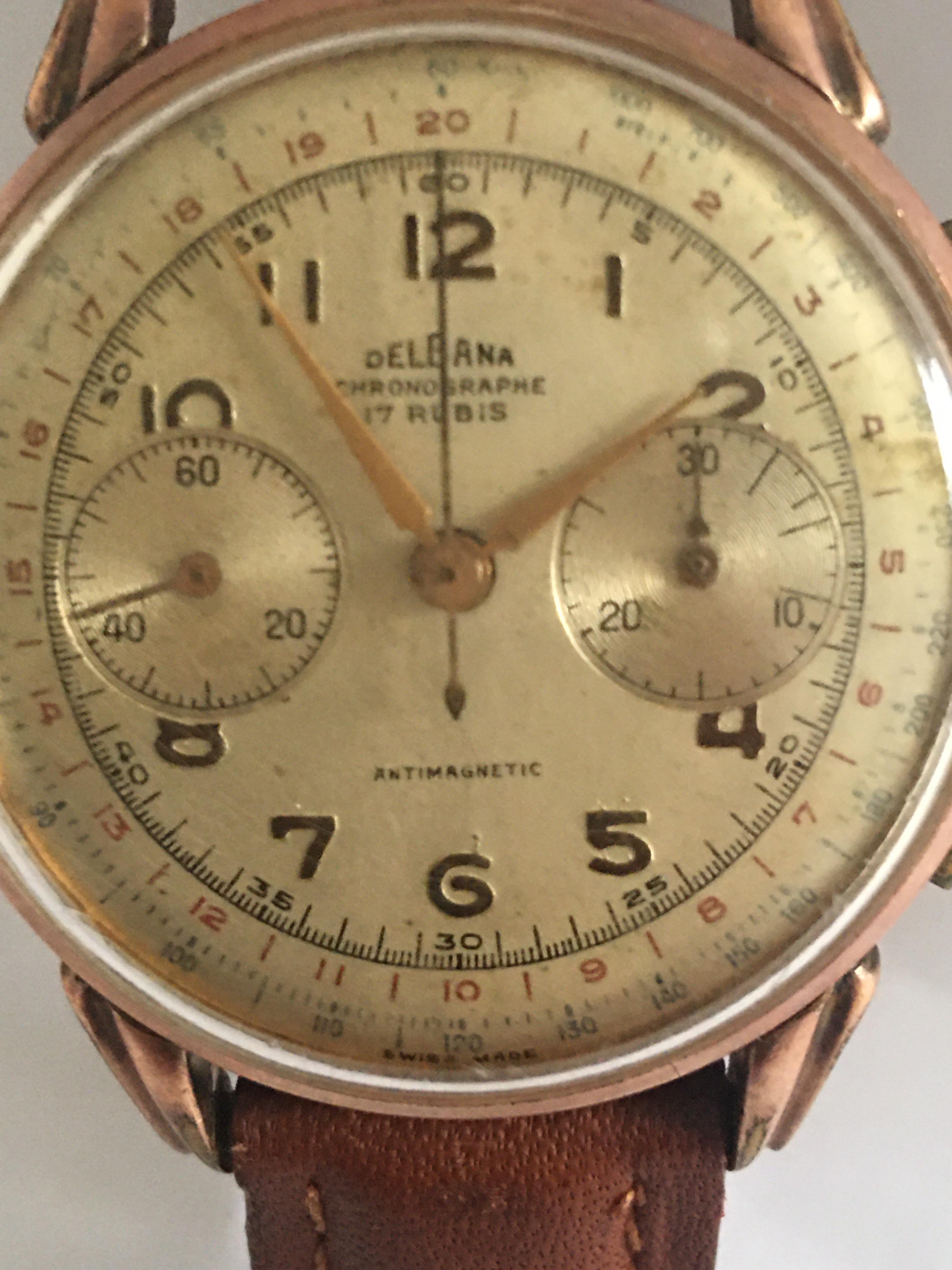 Gold-Plated Swiss Vintage 1950s Delbana Chronograph Watch 9