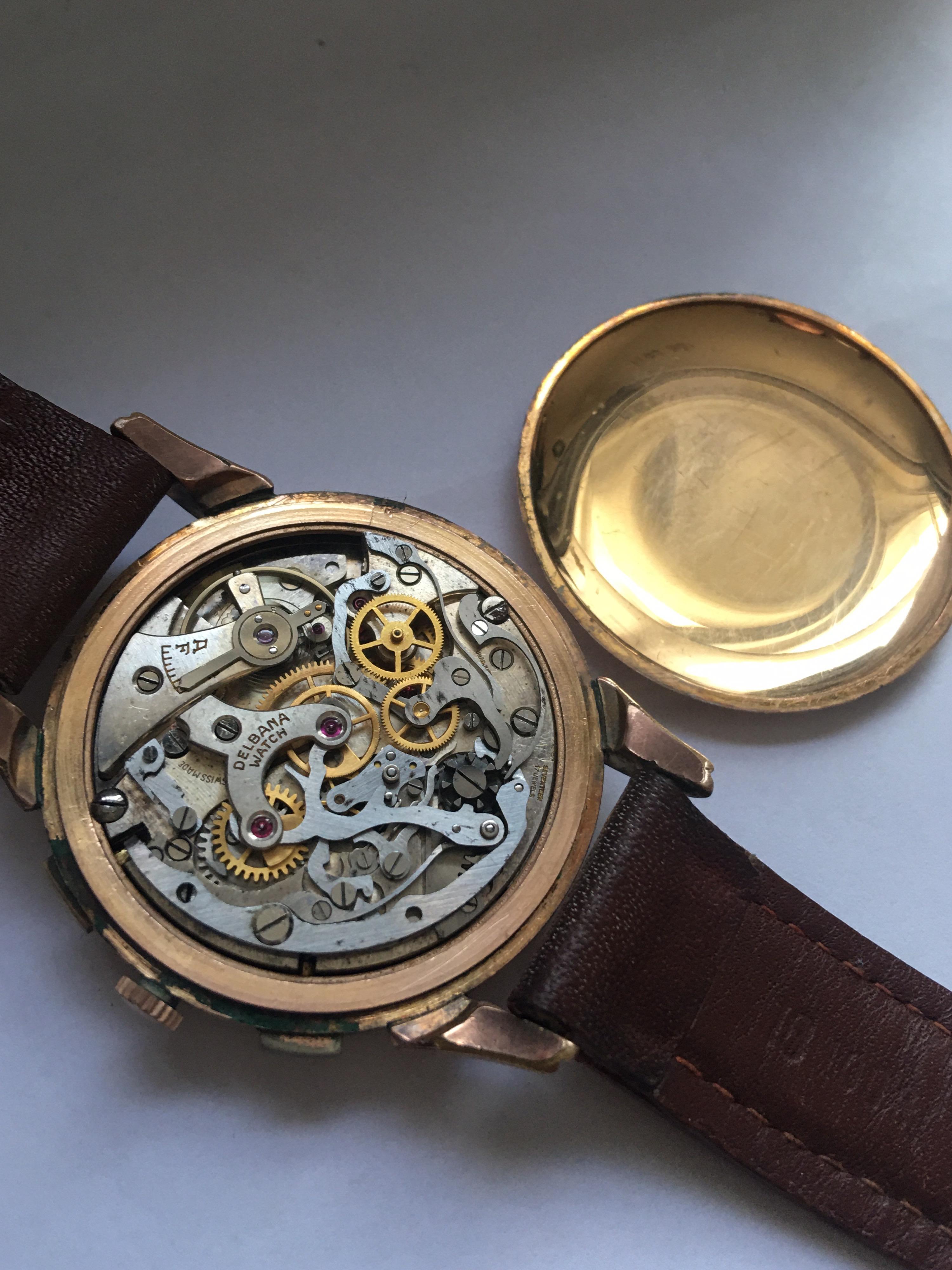 Gold-Plated Swiss Vintage 1950s Delbana Chronograph Watch 1