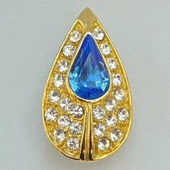 Gold Plated Tear Drop Azure Blue and Clear Crystal Clip On Earrings