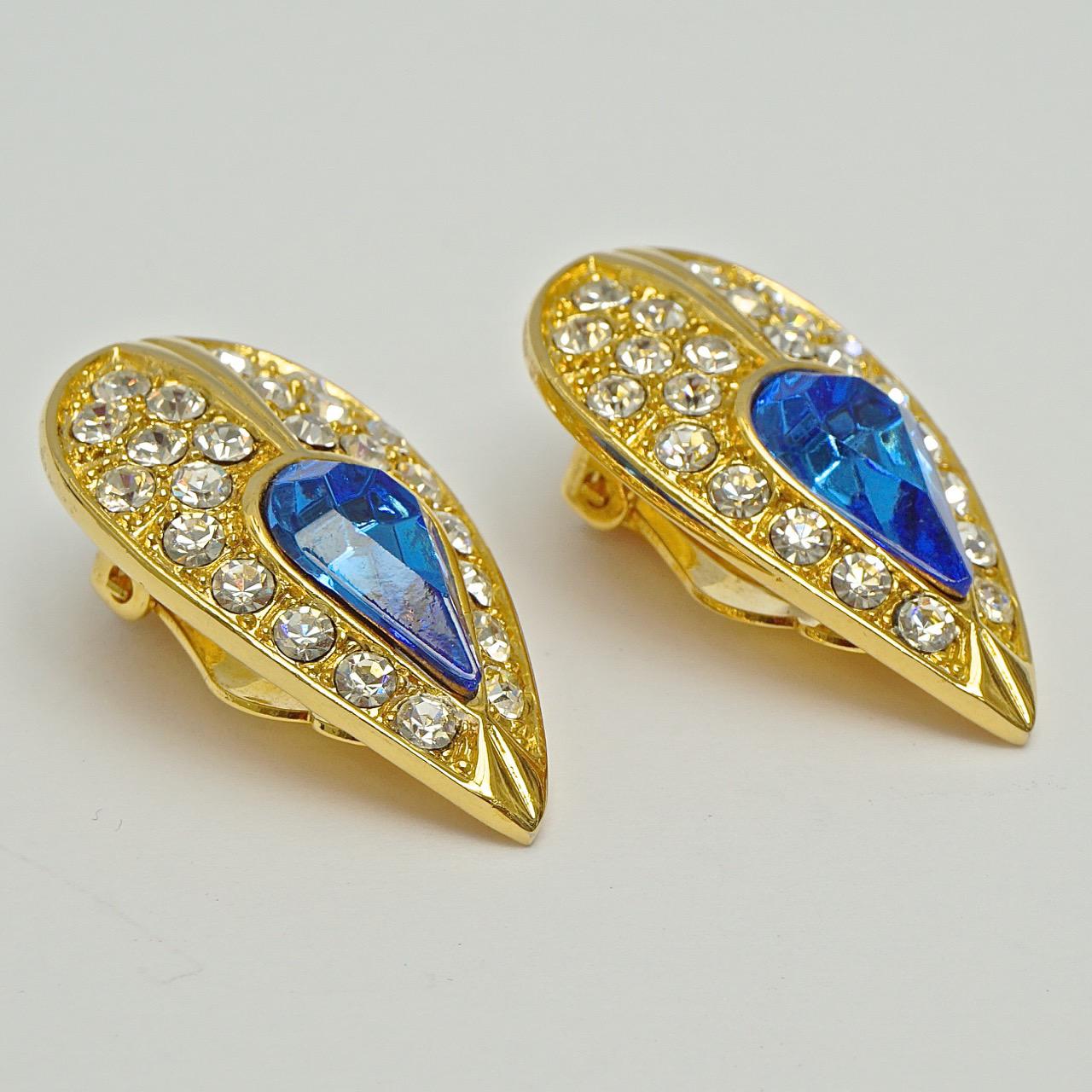 Round Cut Gold Plated Tear Drop Azure Blue and Clear Crystal Clip On Earrings For Sale