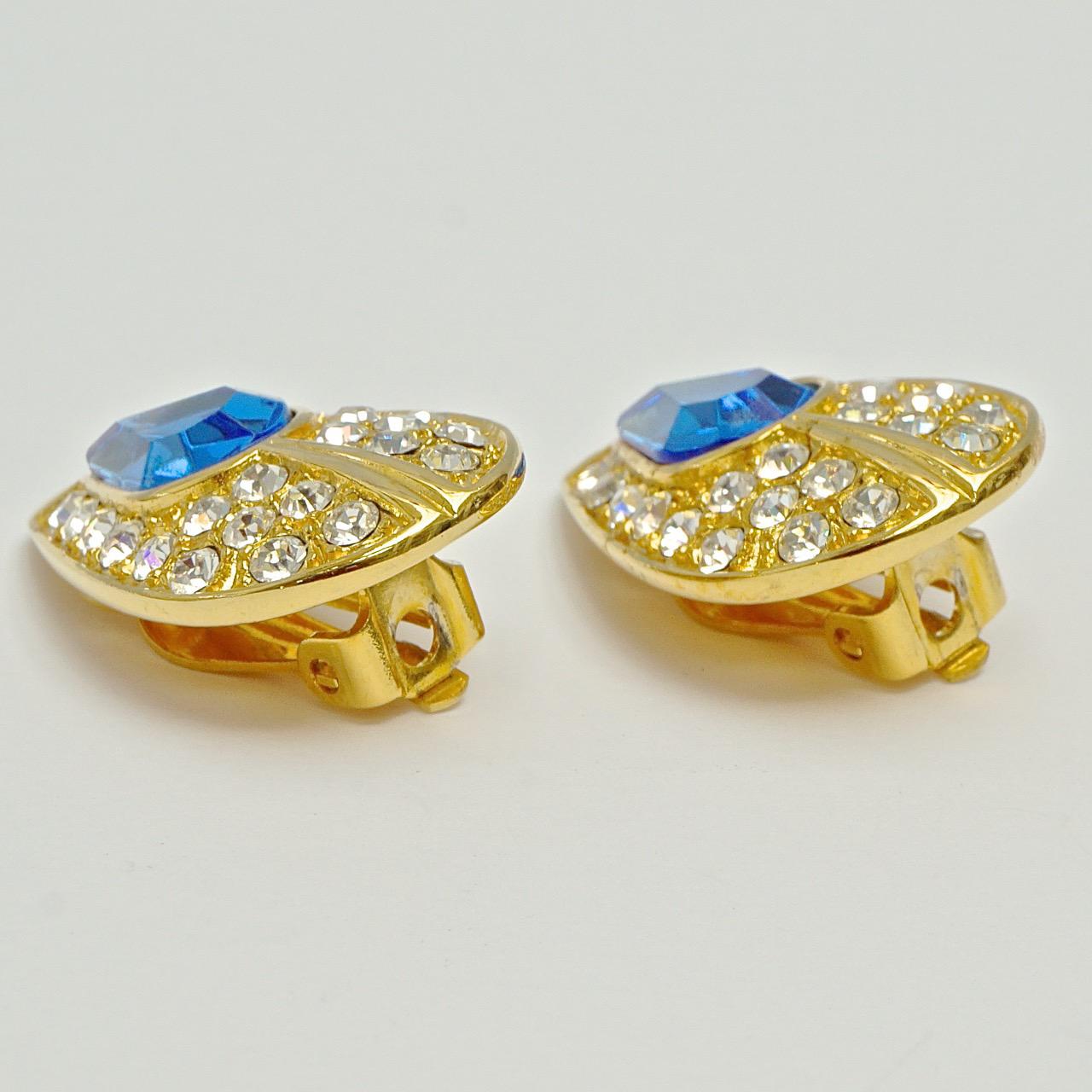 Gold Plated Tear Drop Azure Blue and Clear Crystal Clip On Earrings In Good Condition For Sale In London, GB