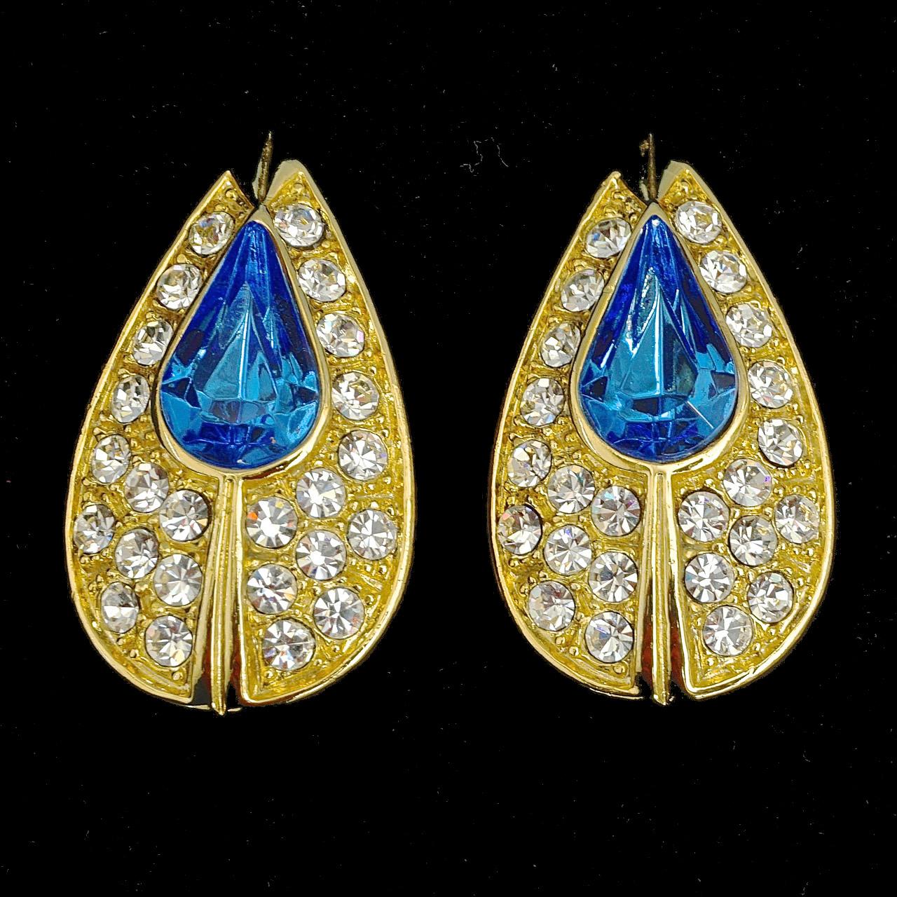 Women's or Men's Gold Plated Tear Drop Azure Blue and Clear Crystal Clip On Earrings For Sale