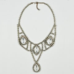 Gold Plated Tear Drop Rhinestone Statement Necklace and Earrings Set circa 1950s