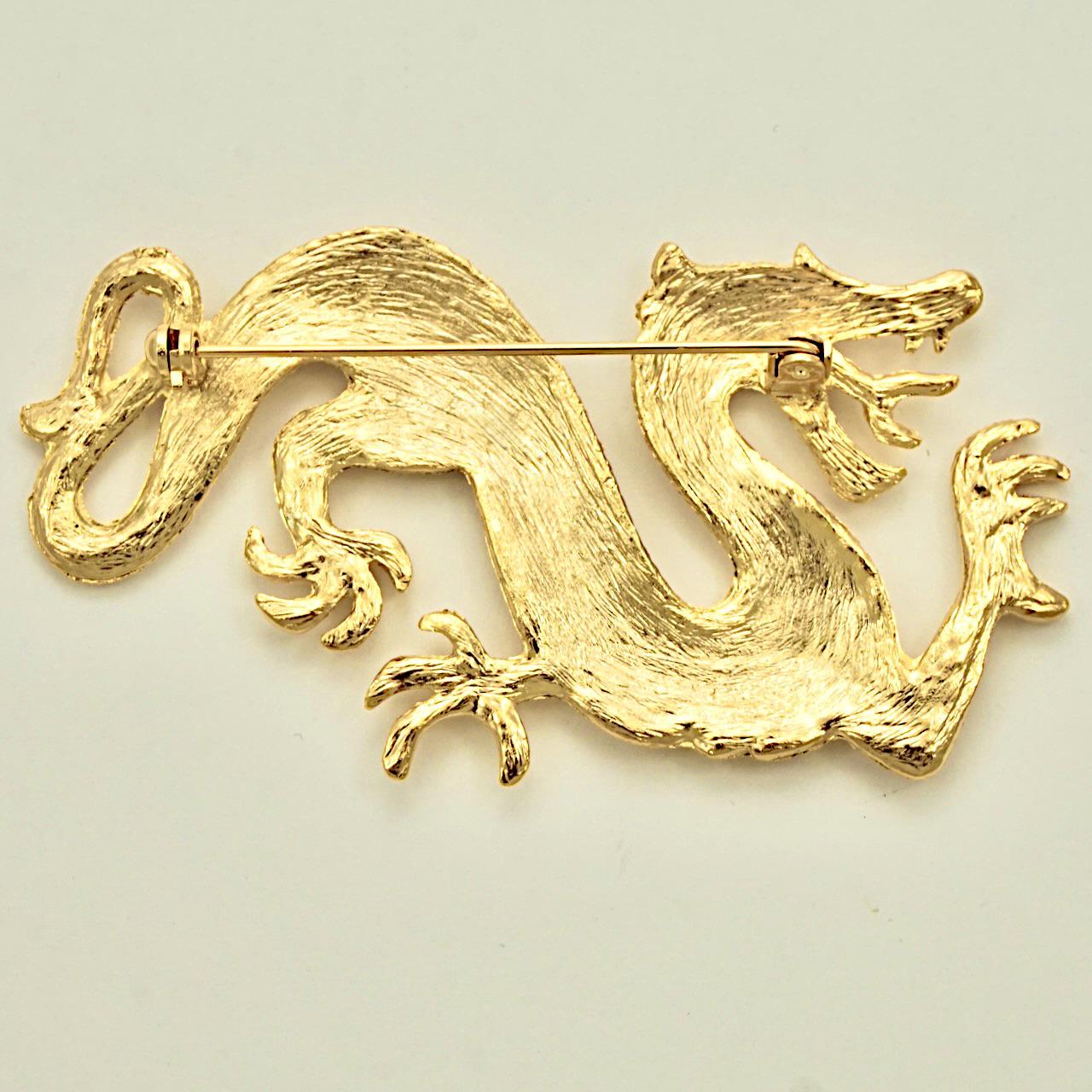 Women's or Men's Gold Plated Textured Dragon Brooch circa 1980s For Sale