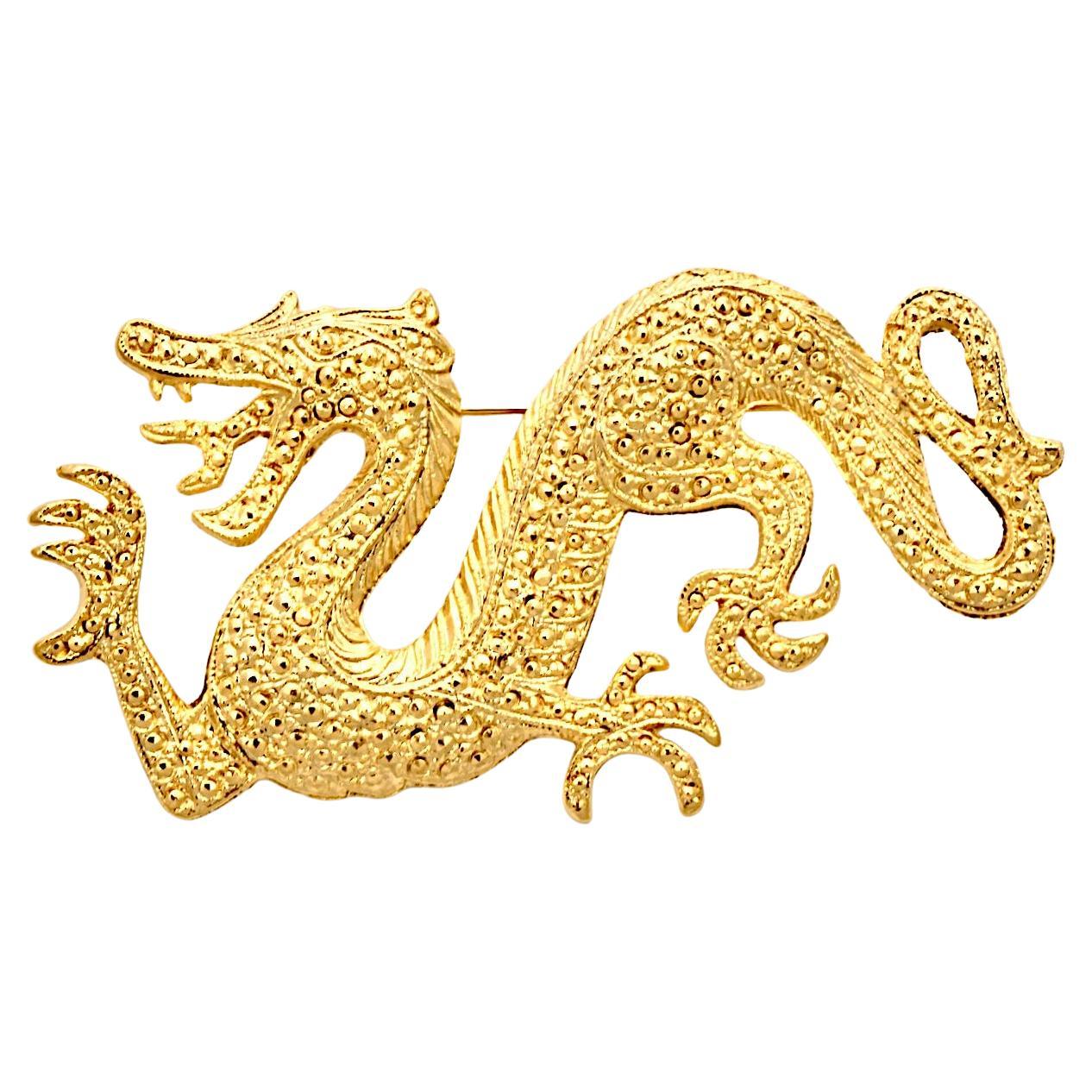 Gold Plated Textured Dragon Brooch circa 1980s For Sale