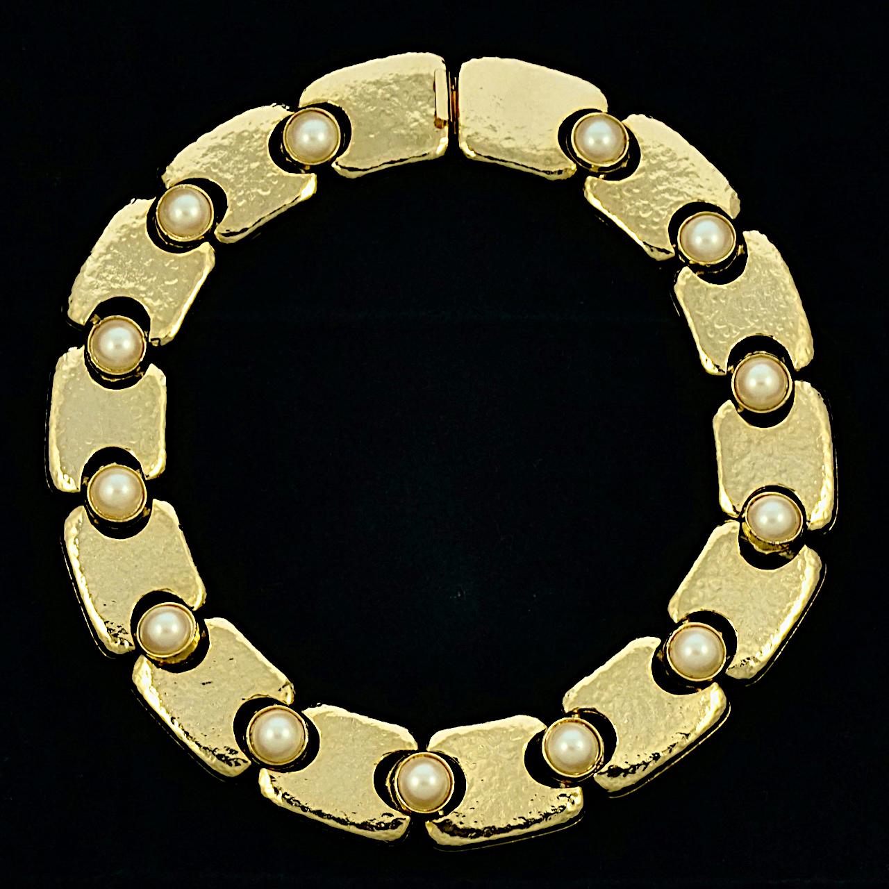 Gold Plated Textured Link Collar Necklace with Faux Pearls circa 1980s For Sale 4