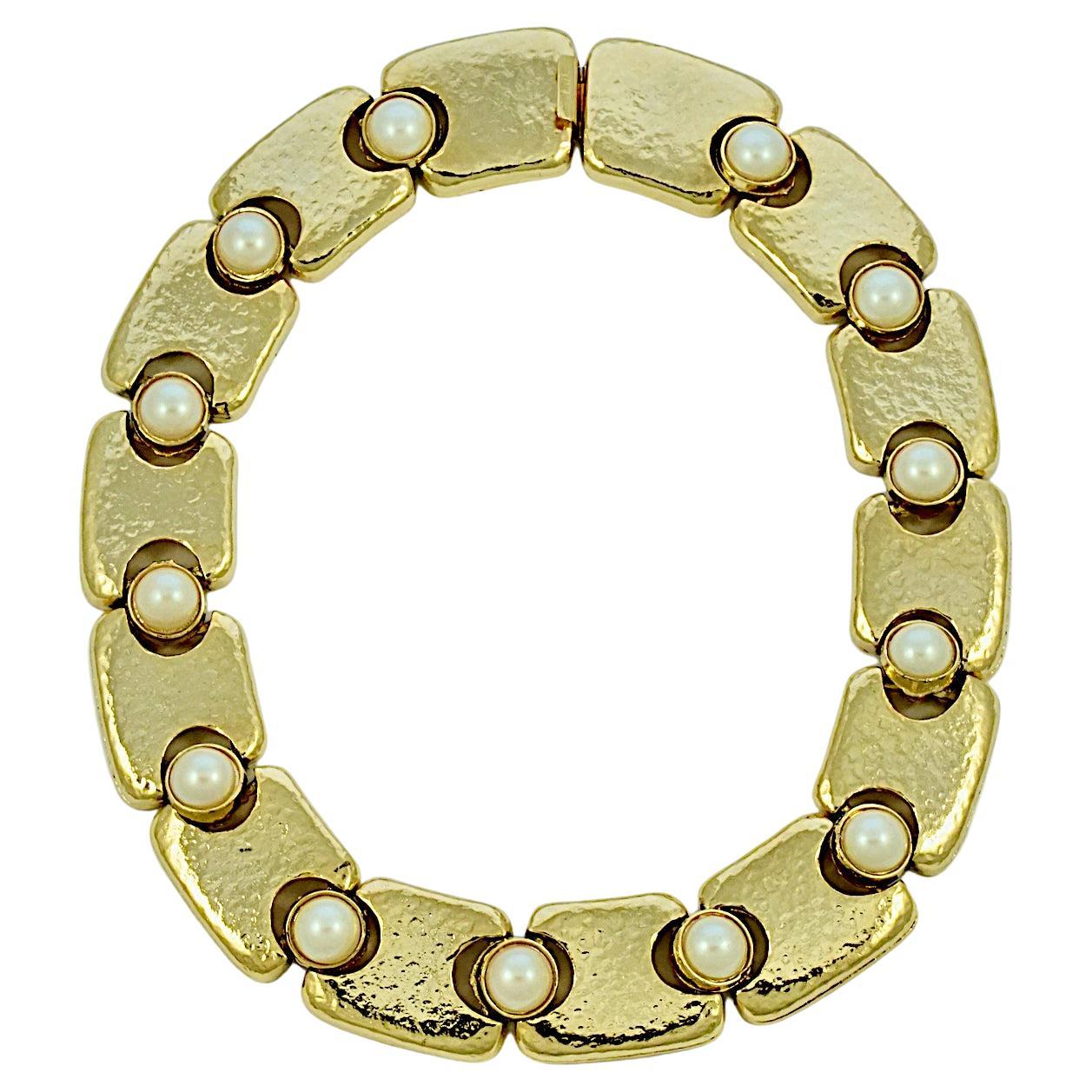 Gold Plated Textured Link Collar Necklace with Faux Pearls circa 1980s For Sale