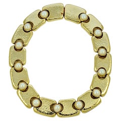 Gold Plated Textured Link Collar Necklace with Faux Pearls circa 1980s
