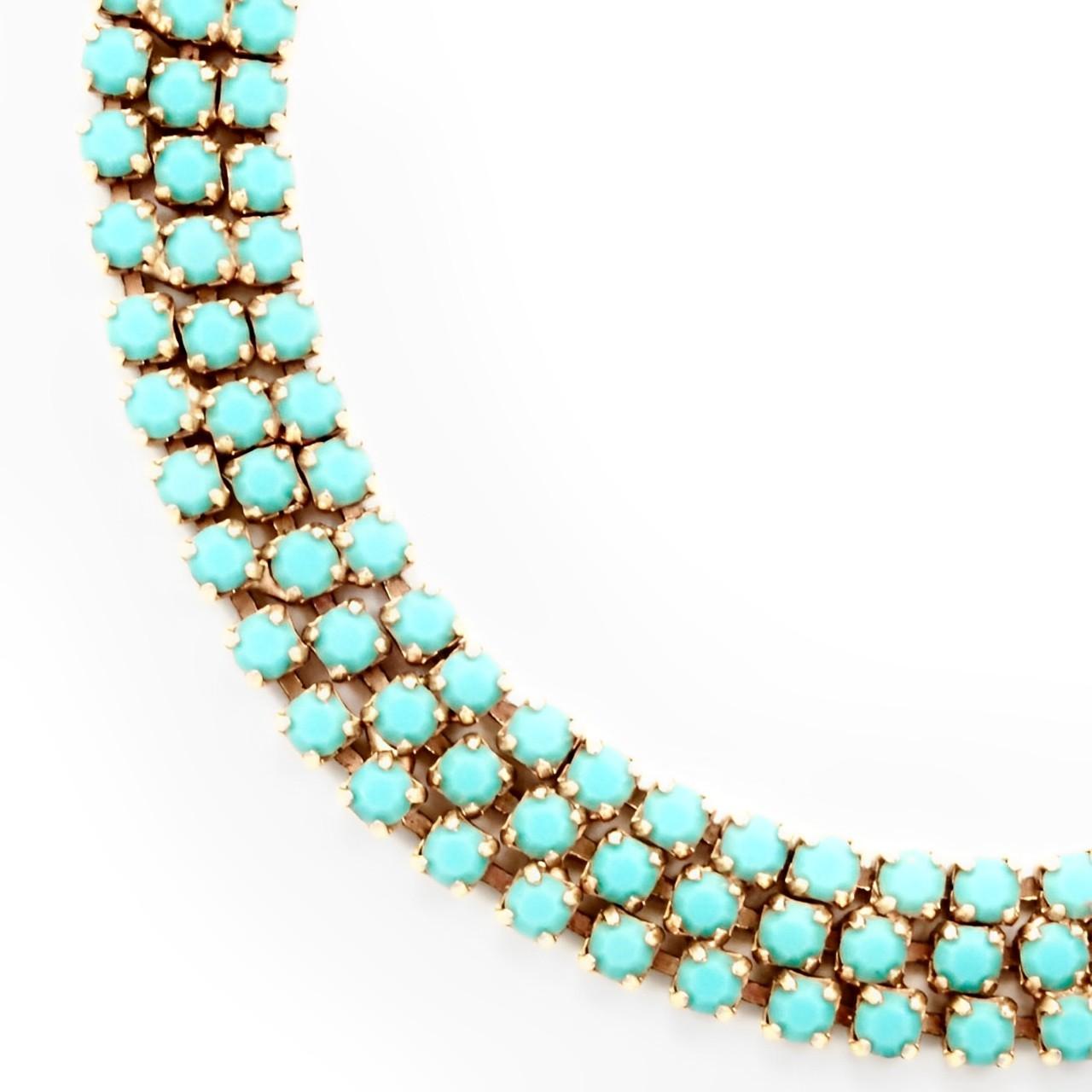 Gold Plated Three Row Faux Turquoise Glass Necklace circa 1970s In Good Condition For Sale In London, GB