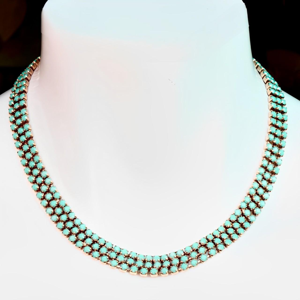 Gold Plated Three Row Faux Turquoise Glass Necklace circa 1970s For Sale 1