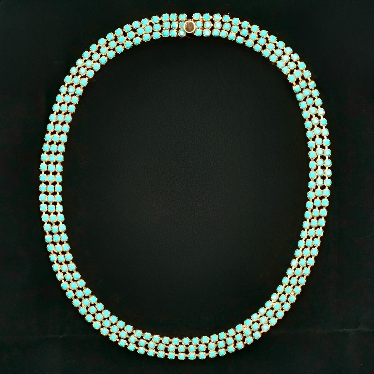 Gold Plated Three Row Faux Turquoise Glass Necklace circa 1970s For Sale 4