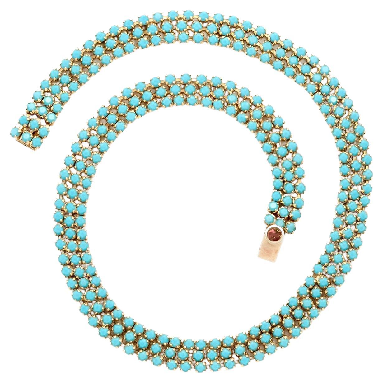 Gold Plated Three Row Faux Turquoise Glass Necklace circa 1970s For Sale