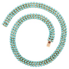 Vintage Gold Plated Three Row Faux Turquoise Glass Necklace circa 1970s